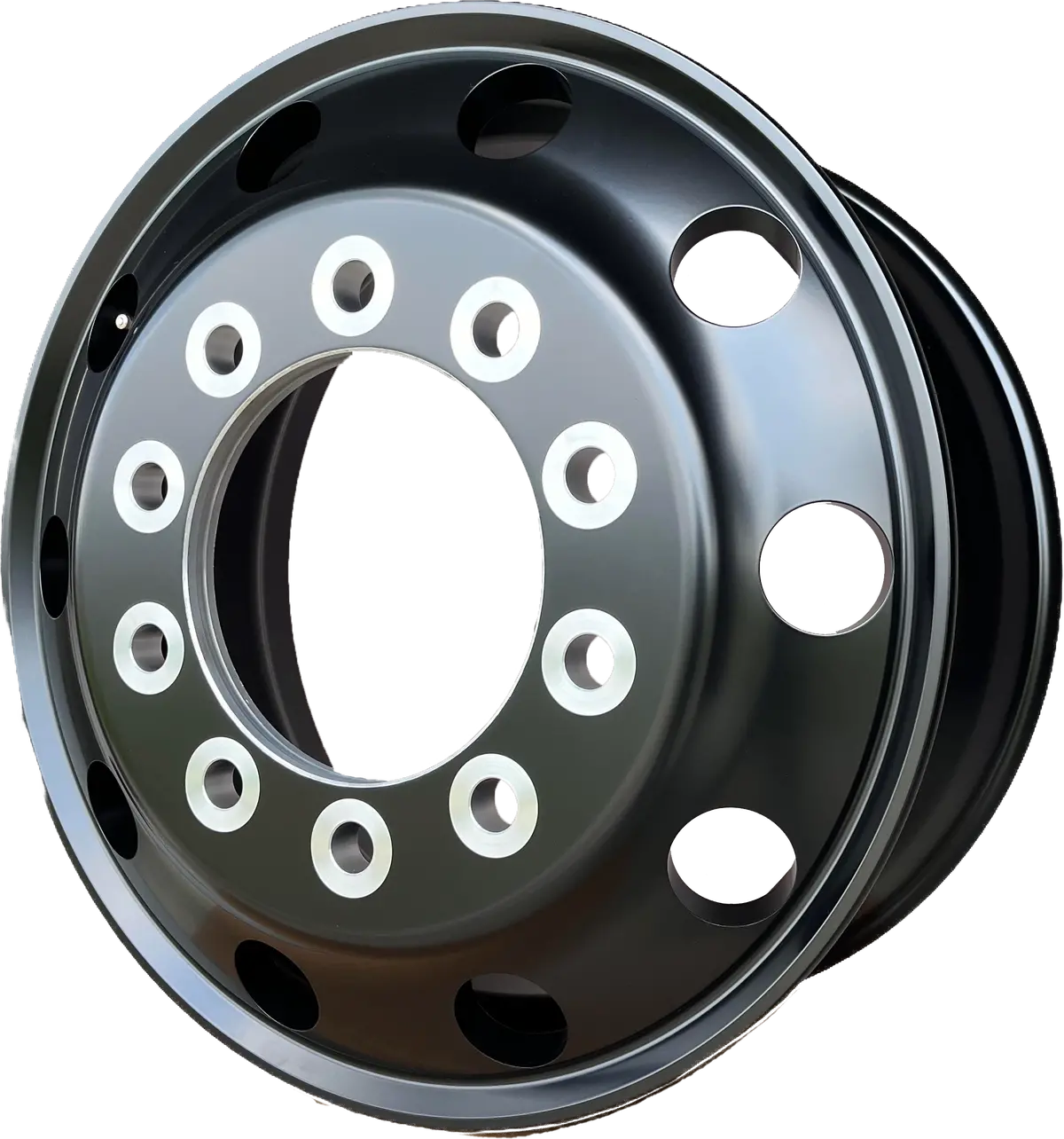 22.5X9.00 Northstar 10X285mm Satin Black "Lunar" Hub Pilot Front 1
