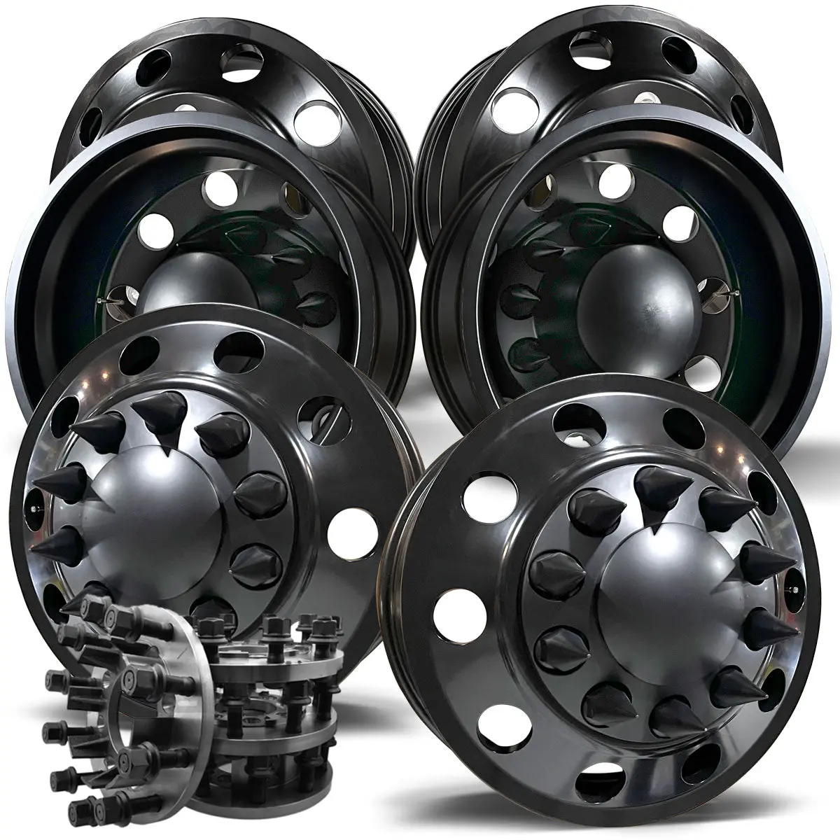 22X8.25 Satin Black Aluminum "Classic" 6 Wheel Kit W/ Adapters And Black Caps (2005-Present Ford F350 Drw) 1