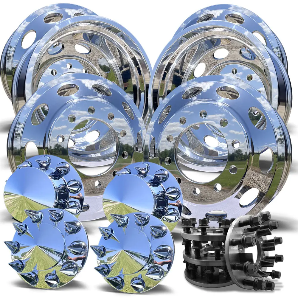 22X8.25 Mirror Forged Aluminum "Oval" 6 Wheel Kit W/ Adapters And Chrome Caps (1998-2004 Ford F450/550) 1
