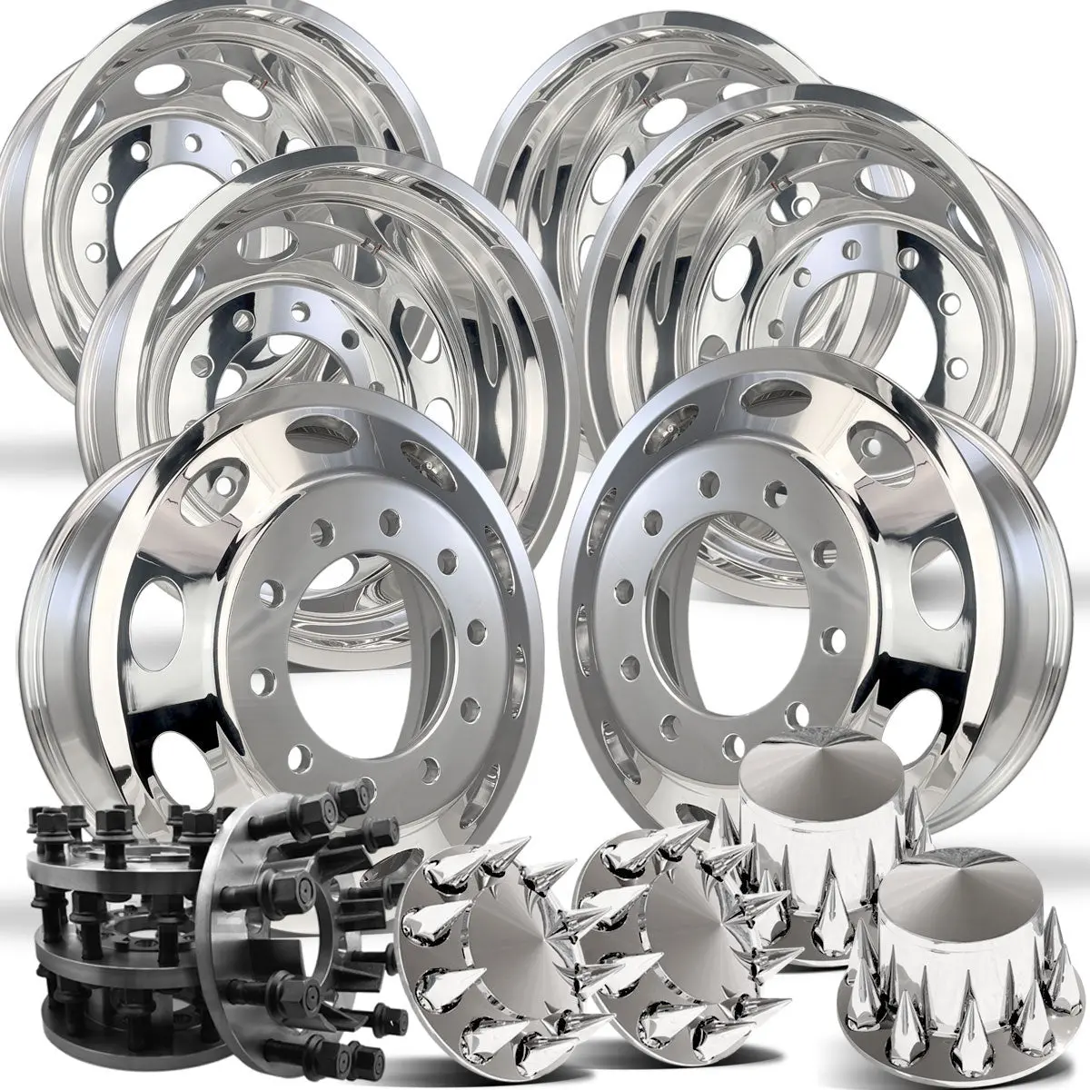 24” Forged Oval-Hole Wheel & Steel Adapter Kit – Fits 2001–2010 Chevy/Gmc 3500 Dually With Disc Brakes (6-Wheel Set With Cap Options) 1