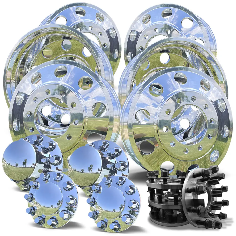 24X8.25 Mirror Forged Aluminum "Classic" 6 Wheel Kit W/ Adapters And Chrome Caps (1984-1997 Ford F350 Drw) 2