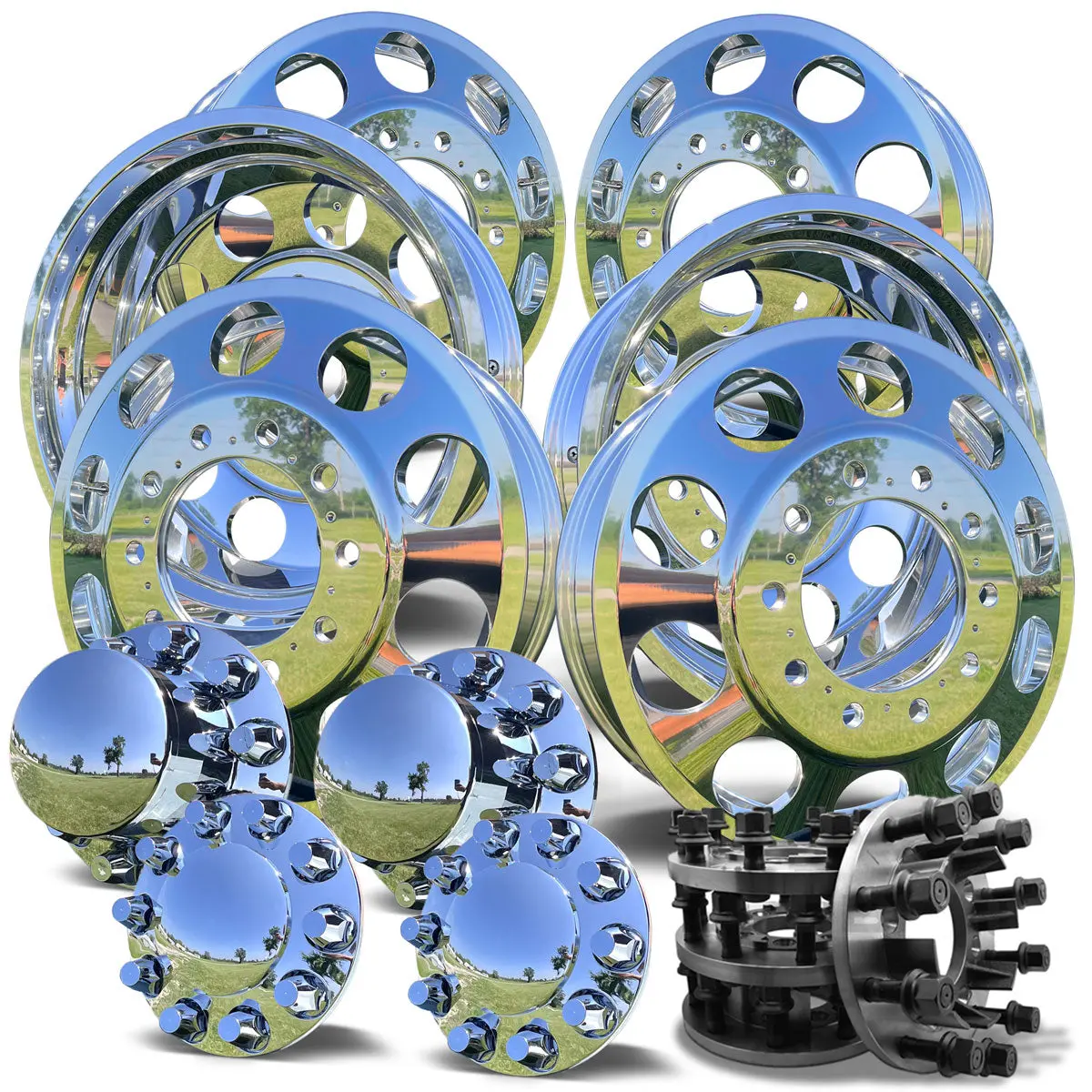 24X8.25 Mirror Forged Aluminum "Big Hole" 6 Wheel Kit W/ Adapters And Chrome Caps (2011-Present Chevy/Gmc 3500 Drw) 3