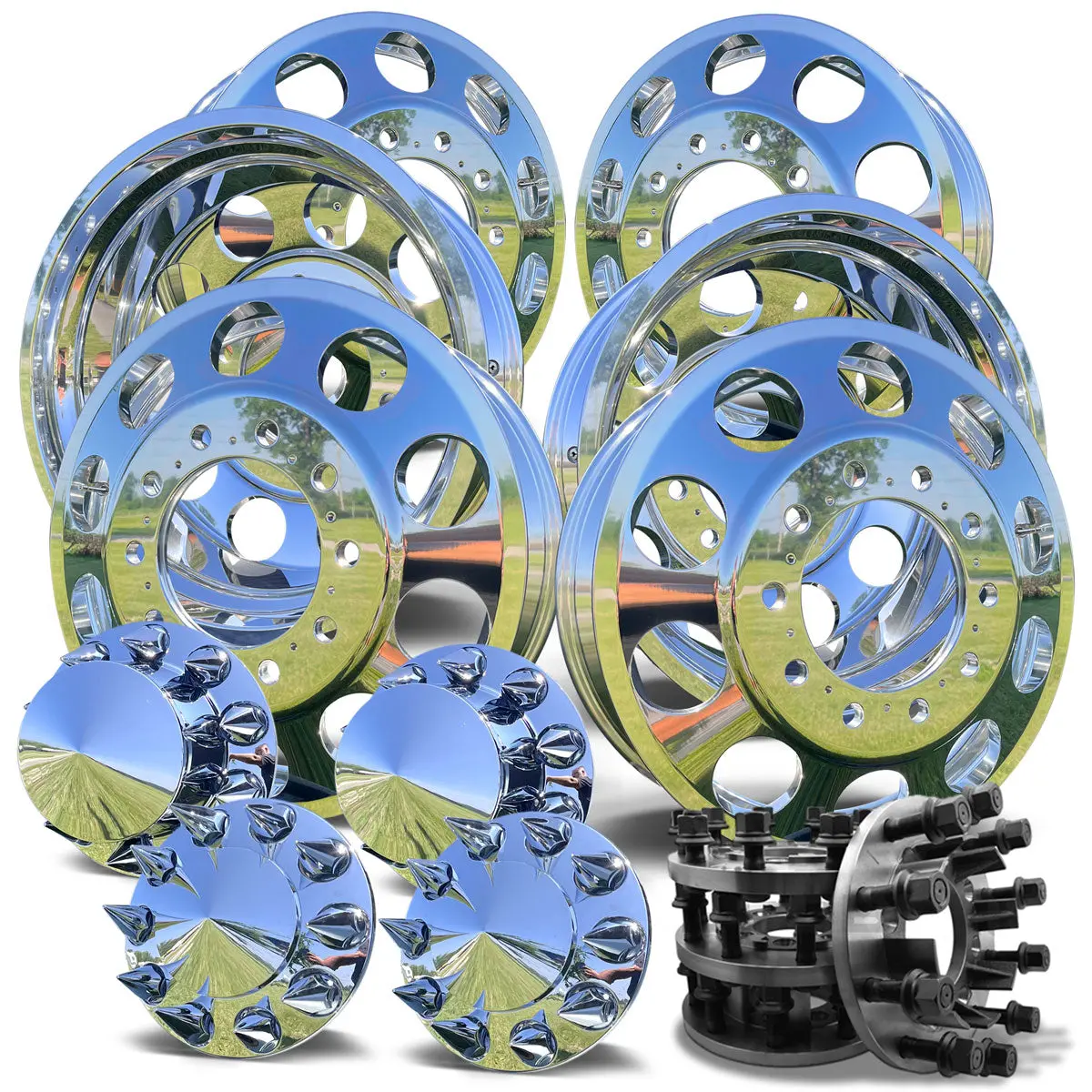 24X8.25 Mirror Forged Aluminum "Big Hole" 6 Wheel Kit W/ Adapters And Chrome Caps (2011-Present Chevy/Gmc 3500 Drw) 1