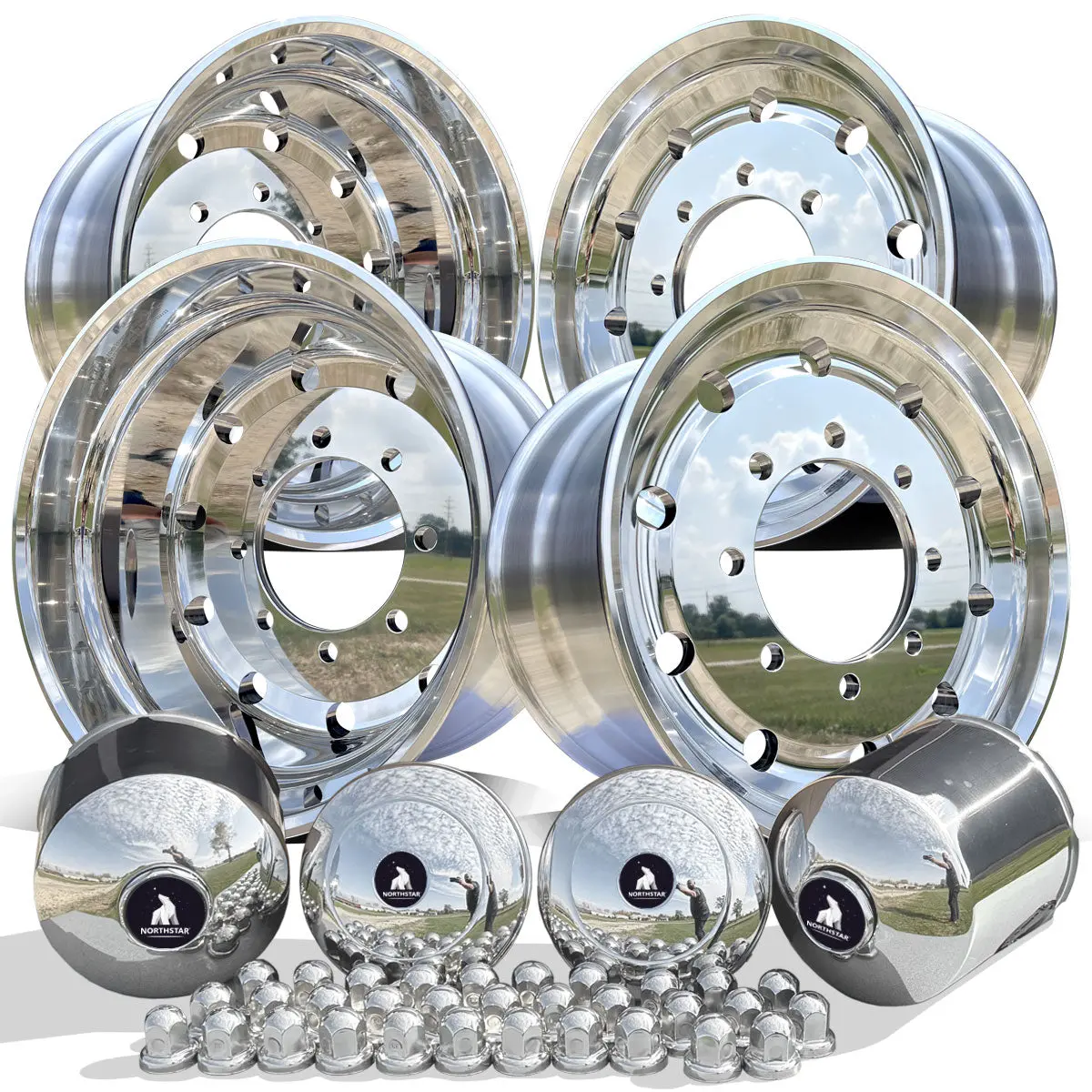 22.5X12.25 Northstar 8X275mm Hub Pilot Mirror Polish Both Sides 2.75" Offset (4 Wheel Kit) 1