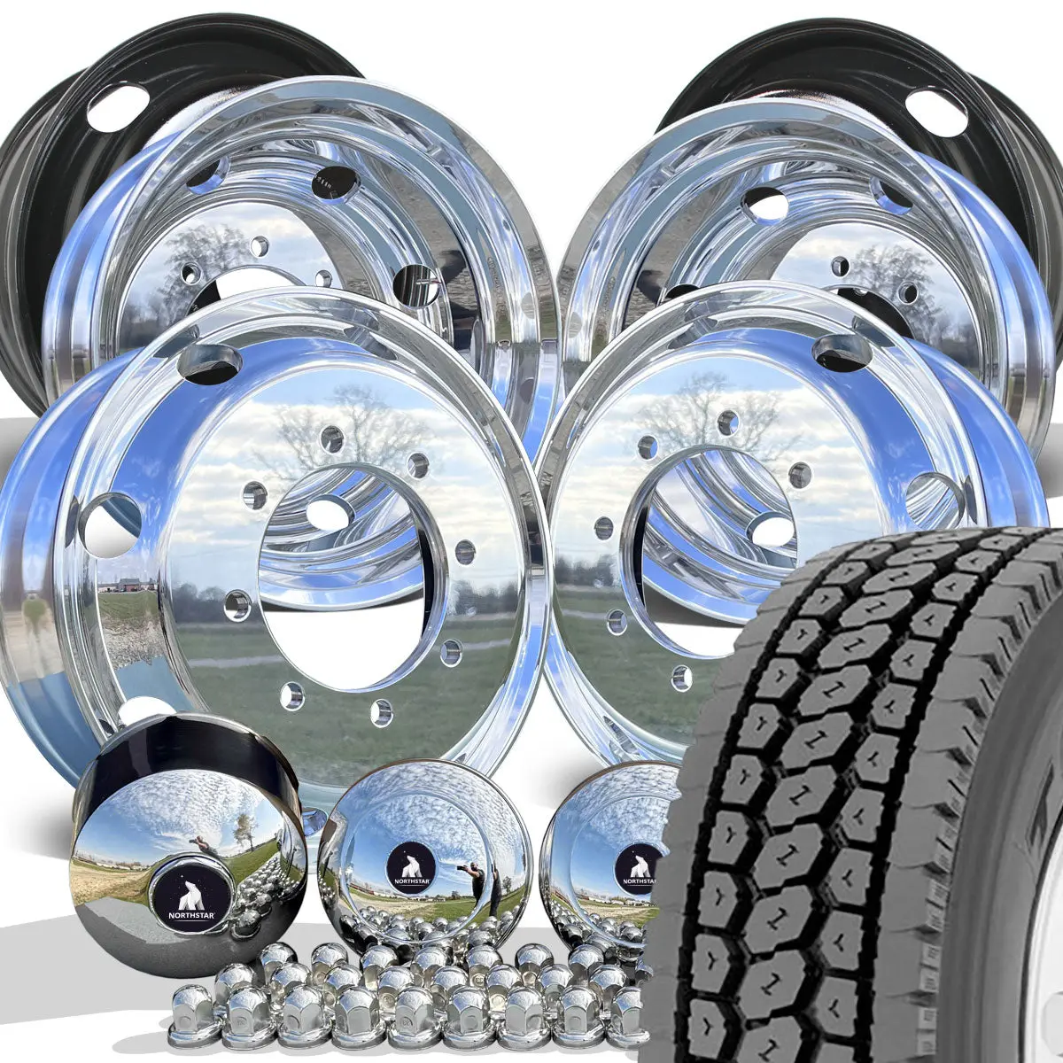 Toyo M647 Mixed Use Tread Mounted On 22.5 22.5X7.5 Northstar 8X275mm Hub Pilot Mirror Polished Both Sides Wheel Kit 1