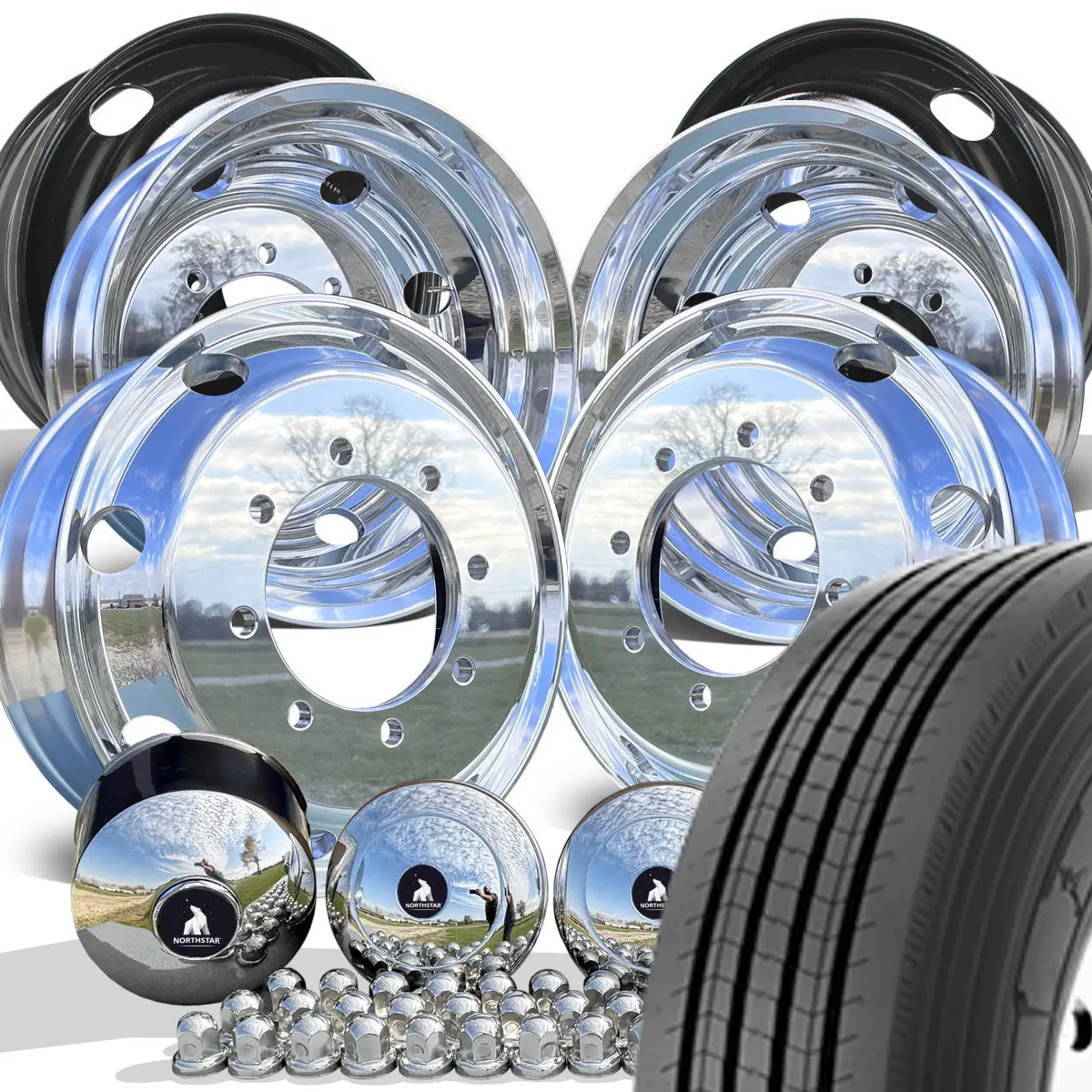Ironman I-19A Highway Tread Mounted On 22.5X7.5 Northstar 8X275mm Hub Pilot Mirror Polished Both Sides Wheel Kit 1