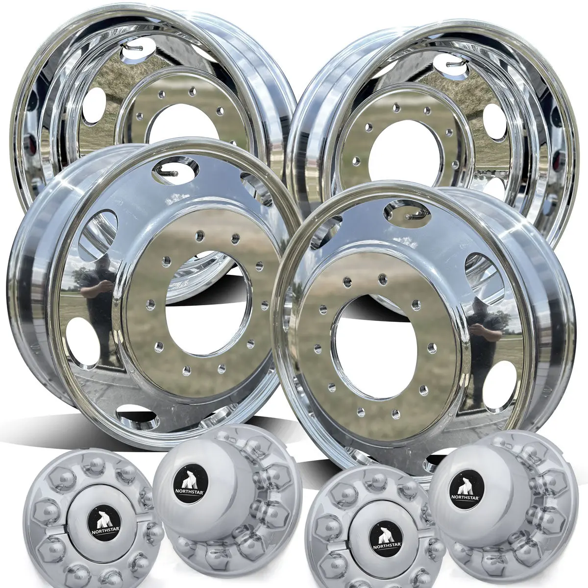 19.5X6.00 Northstar Mirror Polished Both Sides Ford F450/F550 Drw 4 Wheel Kit (Oval Hole Design) 1