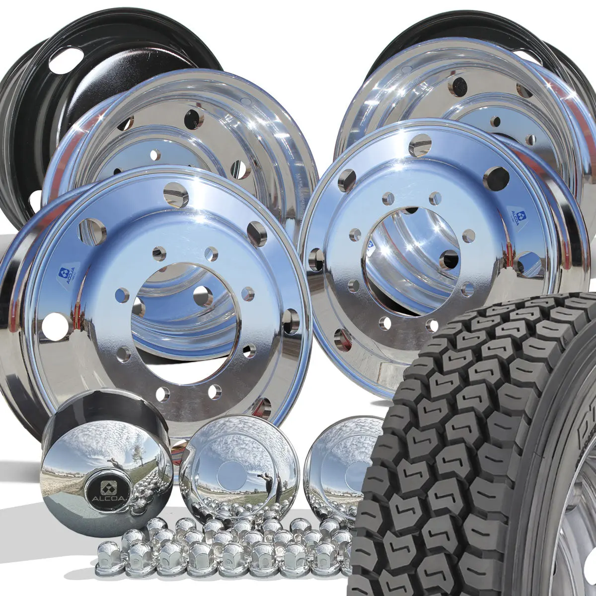 Dynatrac Dt320 Off Road Mounted On 22.5 Alcoa Aluminum Polished Chevy 4500/5500 Wheel Kit (8X275) 1