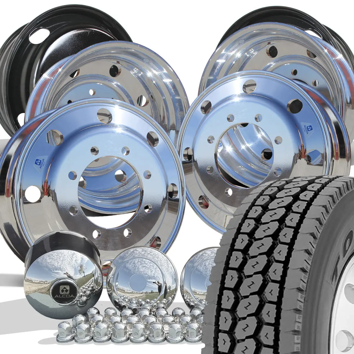 Toyo M647 Mixed Use Tread Mounted On 22.5 Alcoa Aluminum Polished Chevy 4500/5500 Wheel Kit (8X275) 1