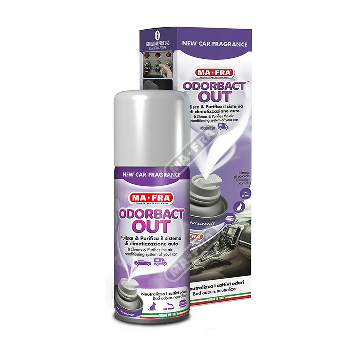 Ma-Fra Odorbact Out Car Aircon Sanitizer In Color Box New Car Scent 150Ml 1