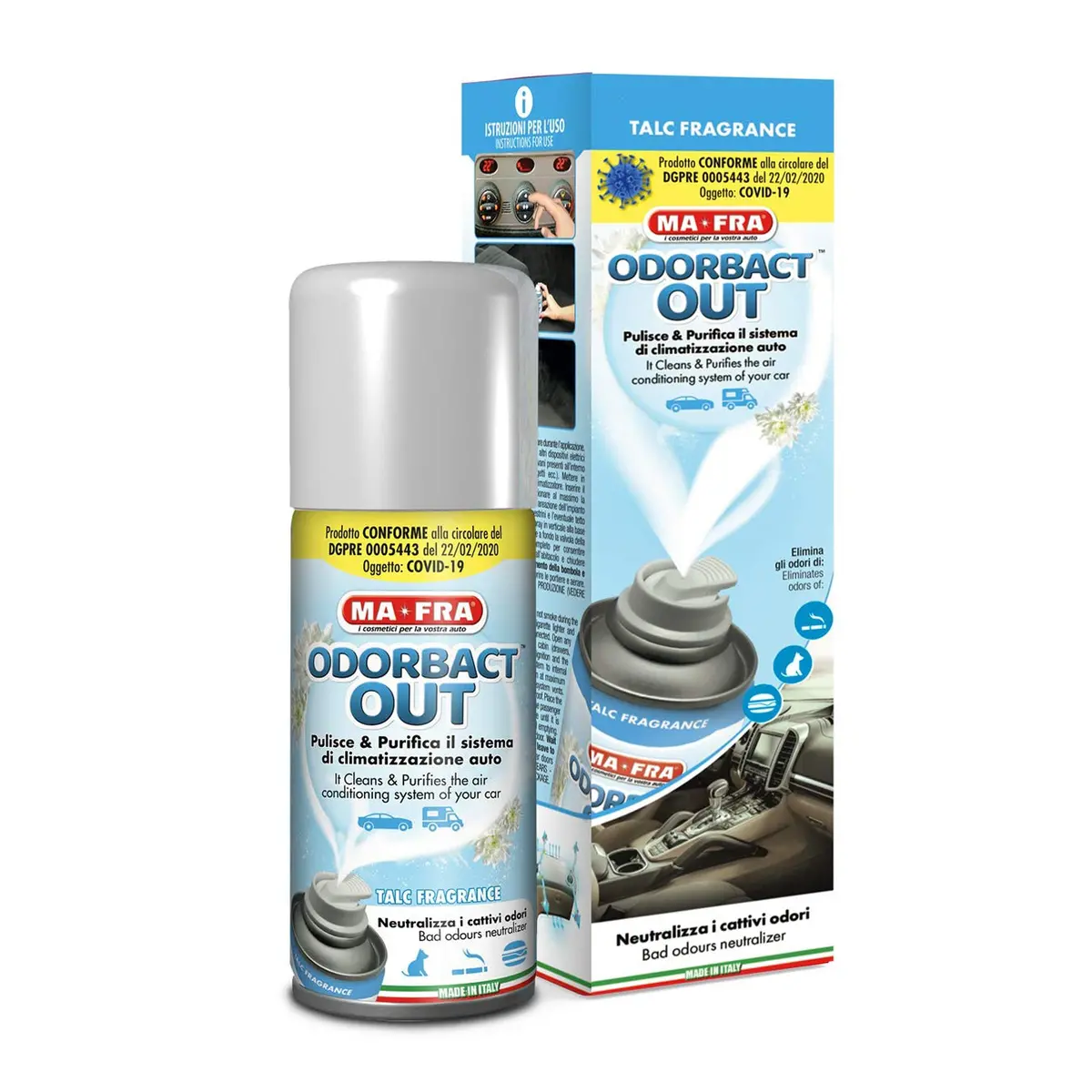 Ma-Fra Odorbact Out Car Aircon Sanitizer In Color Box Talc Scent 150Ml 1