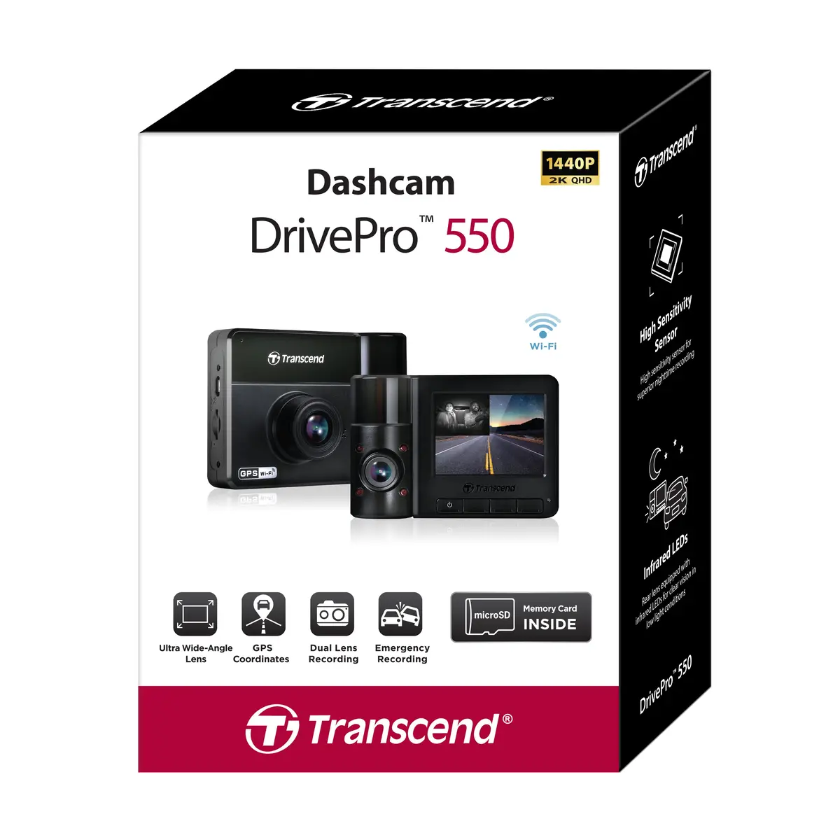 Transcend Dashcam Drivepro 550 1440P 2K Qhd Dual Camera 128Gb 1