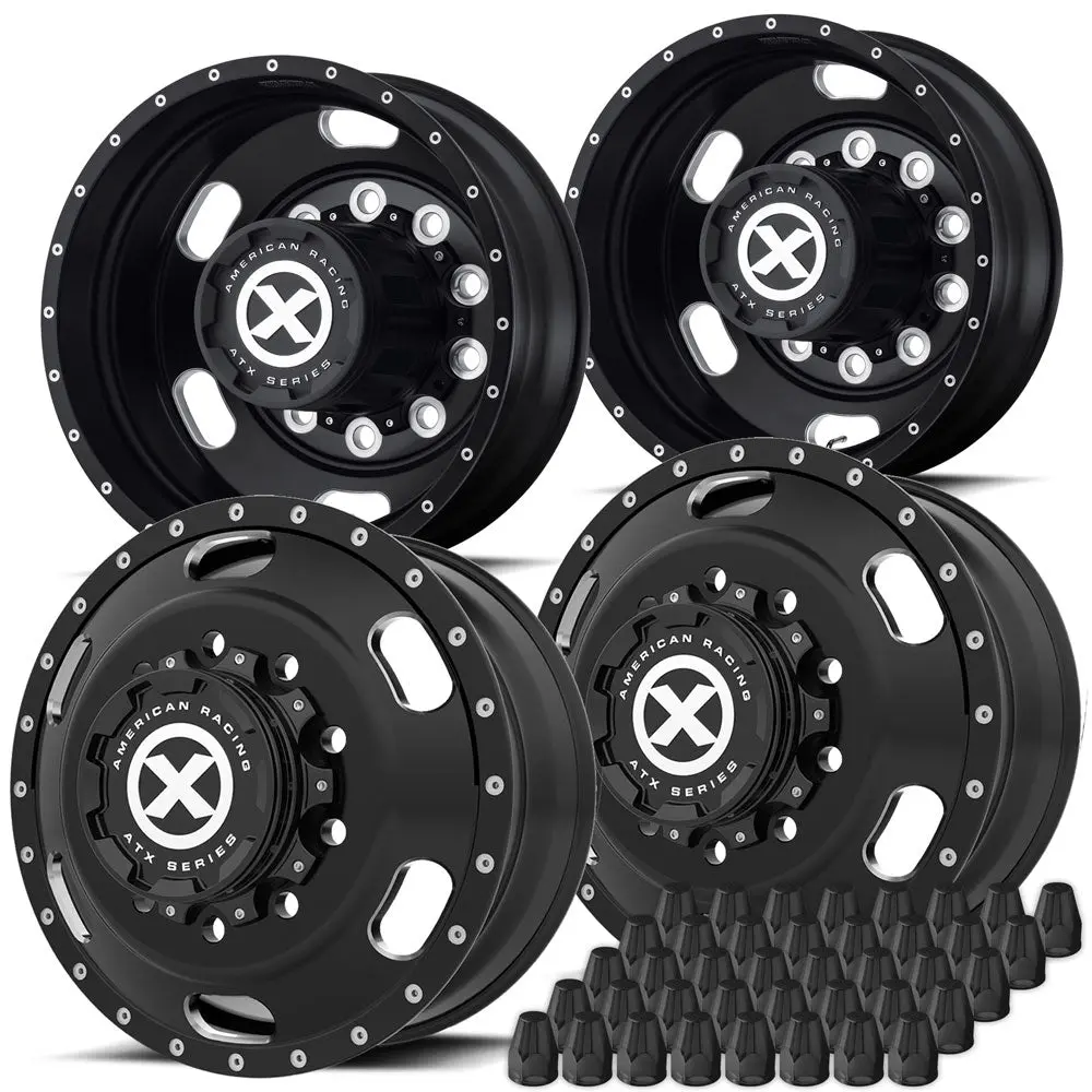 22.5X8.25 Atx 10X285mm Hub Pilot Satin Black "Indy" 4 Wheel Kit - Single Rear Axle 1