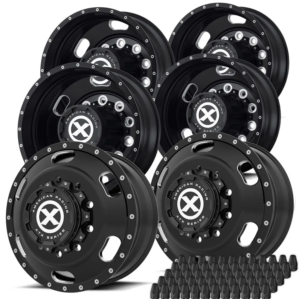 22.5X8.25 Atx 10X285mm Hub Pilot Satin Black "Indy" 6 Wheel Kit - Tandem Rear Axle 1