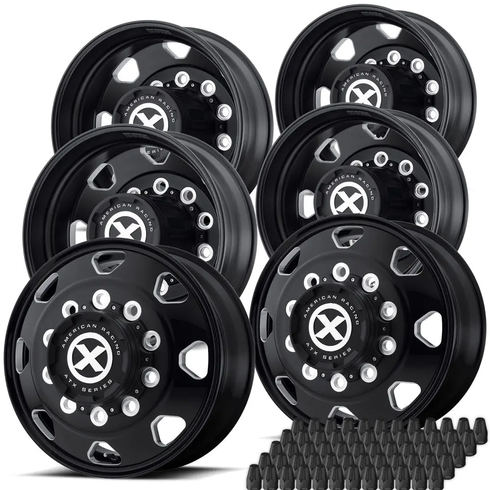 22.5X8.25 Atx 10X285mm Hub Pilot Satin Black "Octane" 6 Wheel Kit - Tandem Rear Axle 1